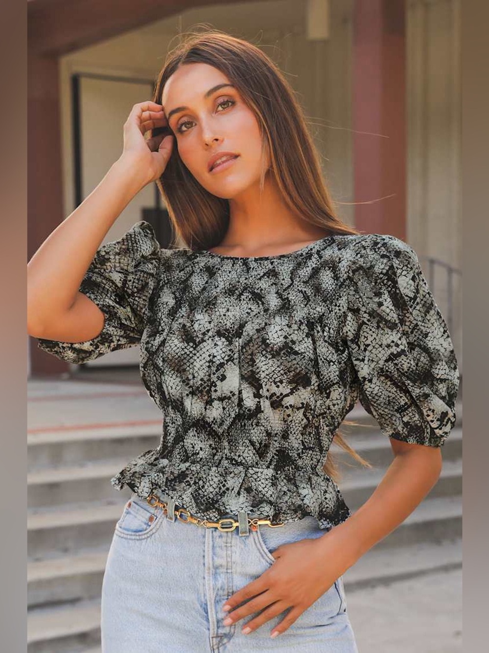 Free People XOXO Grey Snake Print Smocked Puff Sleeve Top